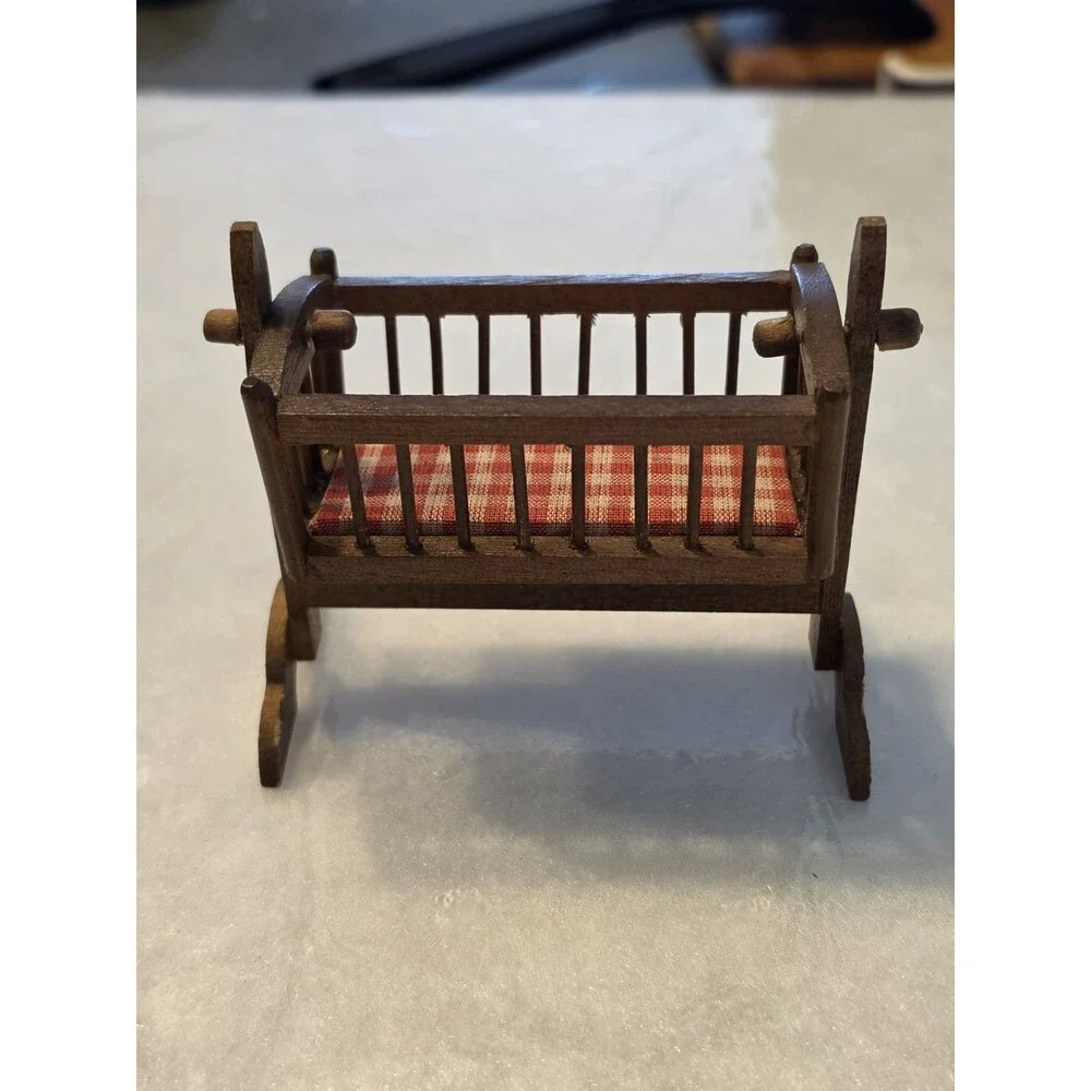 VTG Bodo Hennig Wooden Dollhouse Rocking Cradle Caco Baby & Felt Bear Nursery